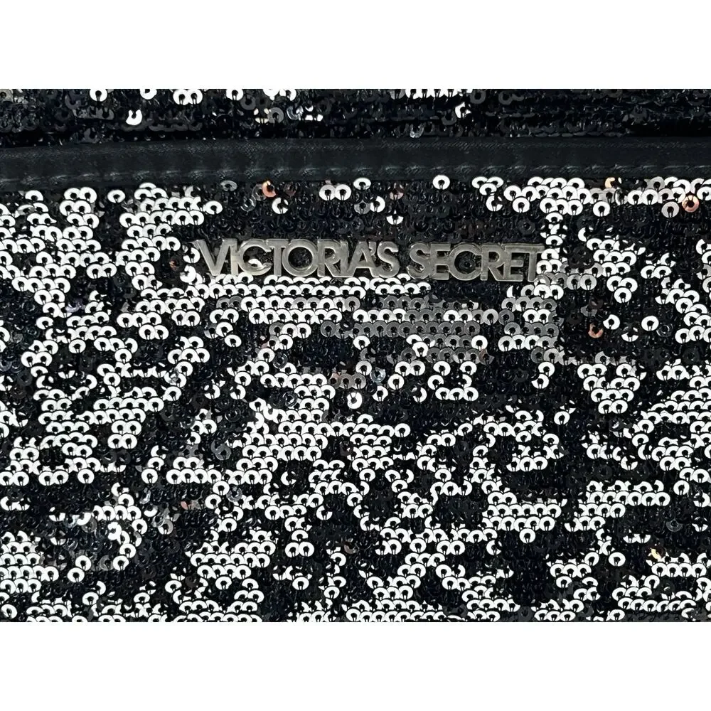 Victoria's Secret Black Sequins Elegant Clutch Purse Makeup Bag Zipper Pouch